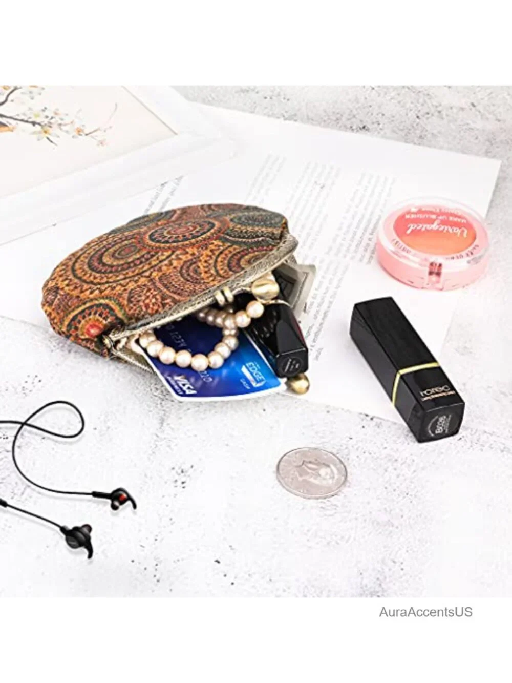 Vintage Floral Kiss-lock Coin Purse PU Leather Wood Grain Key Holder Wallet